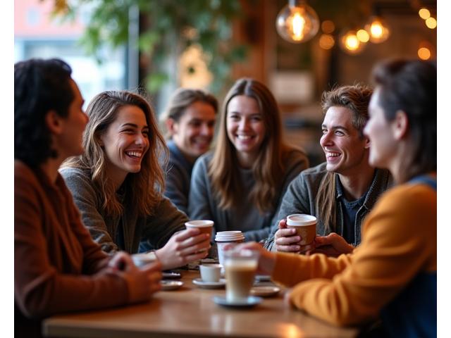 Groupe de jeunes voyageurs souriants participant à un événement social autour du voyage dans un café parisien