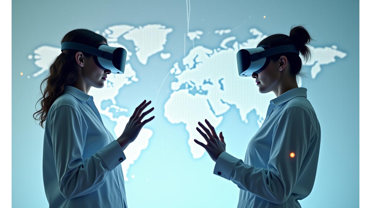 Explorez le monde en réalité virtuelle avec Le Grand Vol - deux personnes avec casques VR connectées à une carte du monde numérique holographique