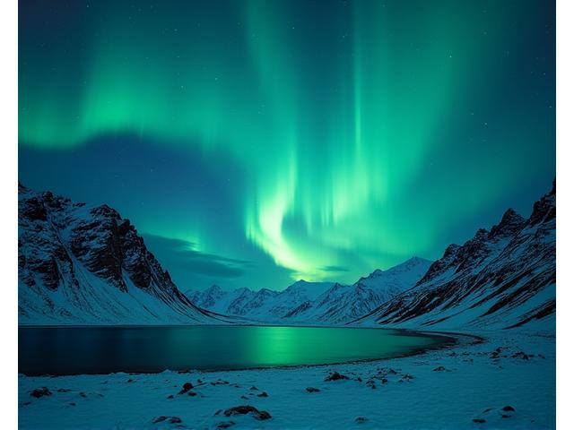 Aurores boréales vertes dans le ciel nocturne au-dessus d'un paysage islandais enneigé.