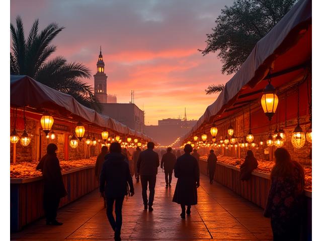 Place Jemaa el-Fnaa à Marrakech, animée au crépuscule avec des lumières et des passants.