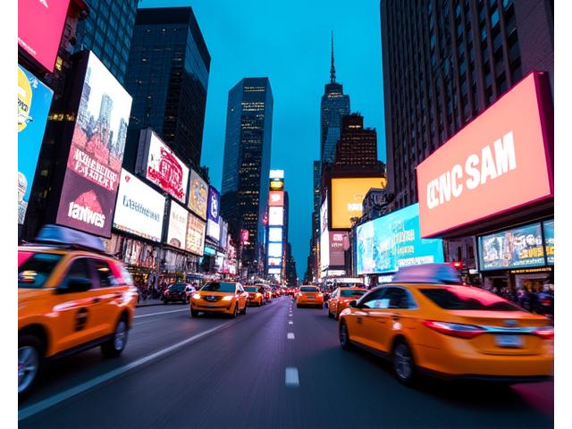 Times Square à New York, avec ses écrans géants et ses taxis jaunes.