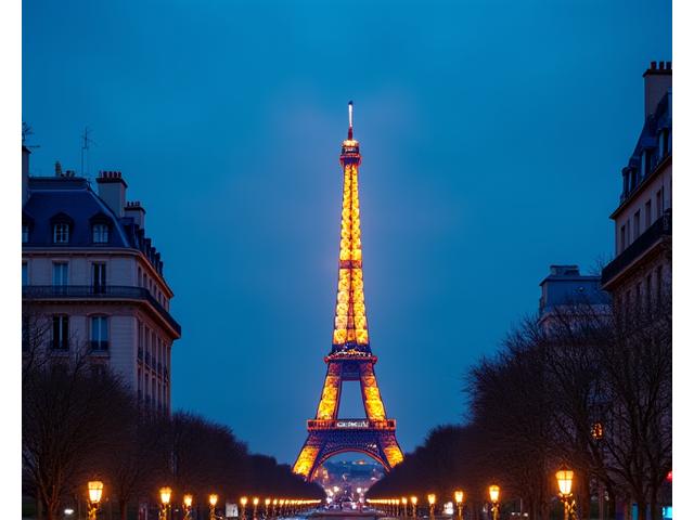 Vue emblématique de la Tour Eiffel à Paris au crépuscule.