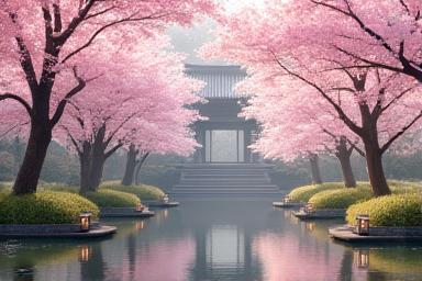Un jardin japonais en pleine floraison printanière avec des cerisiers roses.