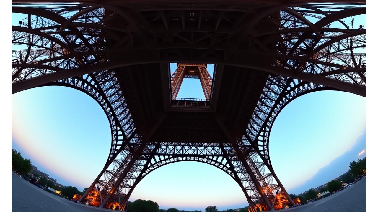 Vue immersive de la Tour Eiffel à Paris en réalité virtuelle, montrant un rendu 360 degrés.