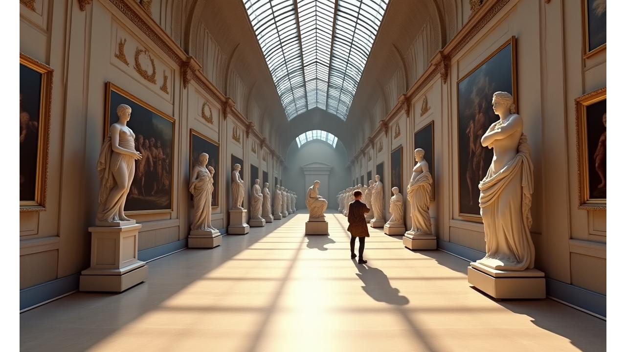 Intérieur du musée du Louvre en réalité virtuelle, avec des œuvres d'art célèbres et une lumière douce.