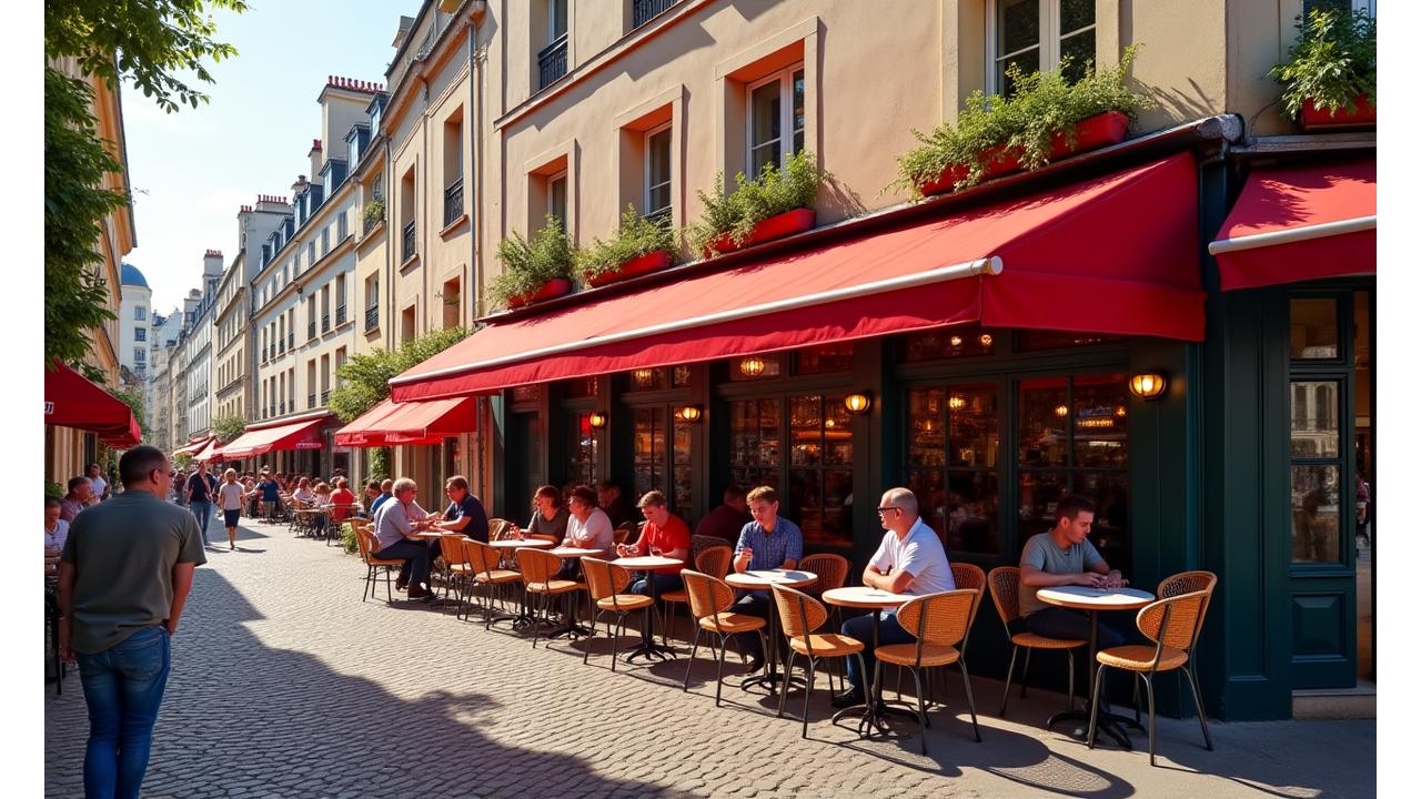 Ambiance de café typique à Montmartre, Paris, en réalité virtuelle avec des rues pavées et des artistes.