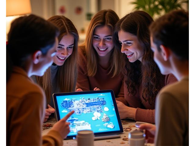 Groupe d'amis collaborant sur un itinéraire de voyage sur une tablette