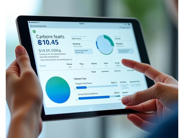 Interface graphique affichant un calculateur d'empreinte carbone avec des barres et des diagrammes circulaires, sur un écran de tablette