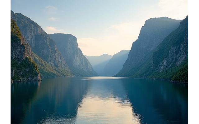 Fjords majestueux en Norvège sous le soleil de minuit, reflétant le paysage