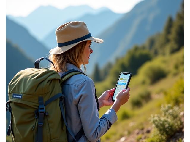 Une personne consultant une carte numérique sur un smartphone, avec un sac à dos écologique et des montagnes en arrière-plan