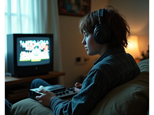 Une photo granuleuse d'une personne écoutant de la musique sur un lecteur portable, ambiance grunge des années 90.