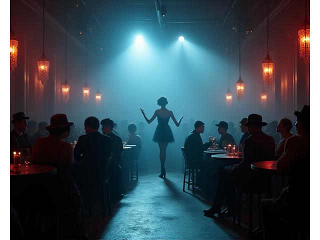 Scène de cabaret à Berlin dans les années 20, avec des danseurs et musiciens élégamment vêtus.