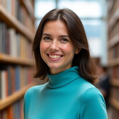 Portrait d'une jeune historienne passionnée, en tenue inspirée des années 60, souriante.