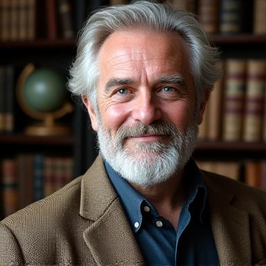 Portrait d'un professeur d'histoire distingué, avec des livres anciens en arrière-plan.