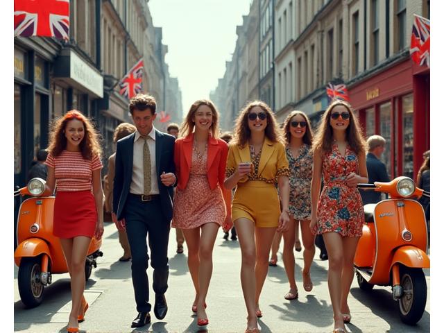 Scène de rue animée de Londres dans les années 60, avec des jeunes en tenues mod.