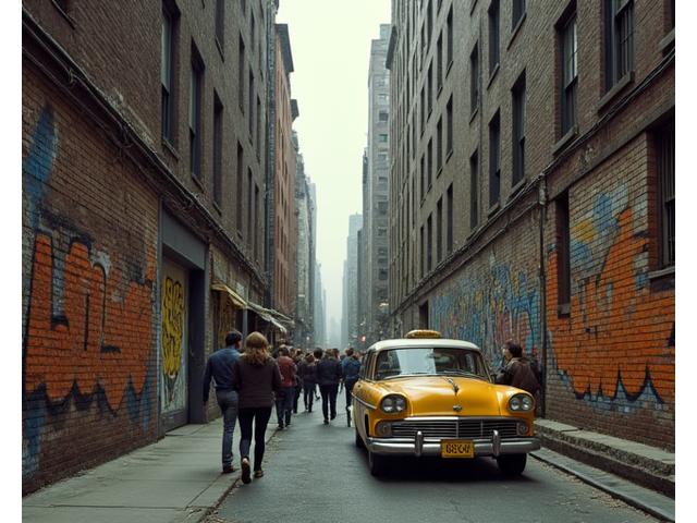 Photographie d'une ruelle de New York dans les années 70, avec des graffitis et un taxi jaune vintage.