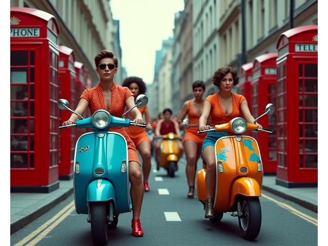 Jeunesse londonienne à Carnaby Street dans les années 60, stylisée avec des couleurs vives et des motifs géométriques.