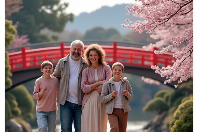 Famille multigénérationnelle visitant un temple à Kyoto, Japon