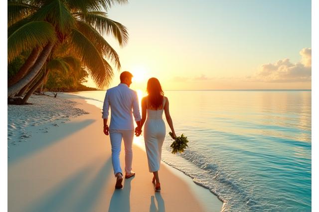 Couple marié sur une plage aux Maldives, voyage de noces