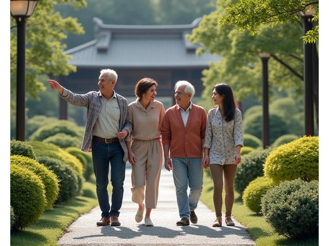 Famille multigénérationnelle explorant un jardin japonais